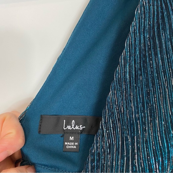 Lulus Smokeshow Teal Blue Crinkled Sparkle Metallic V-Neck Sleeveless Mini Dress - Picture 5 of 15